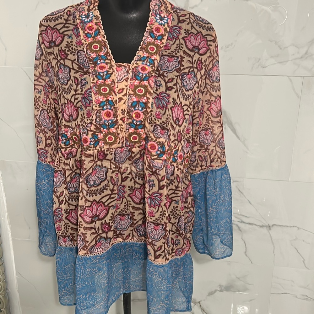 Soft surroundings pergola embroidered floral print sheer tunic Sz s - Picture 2 of 11
